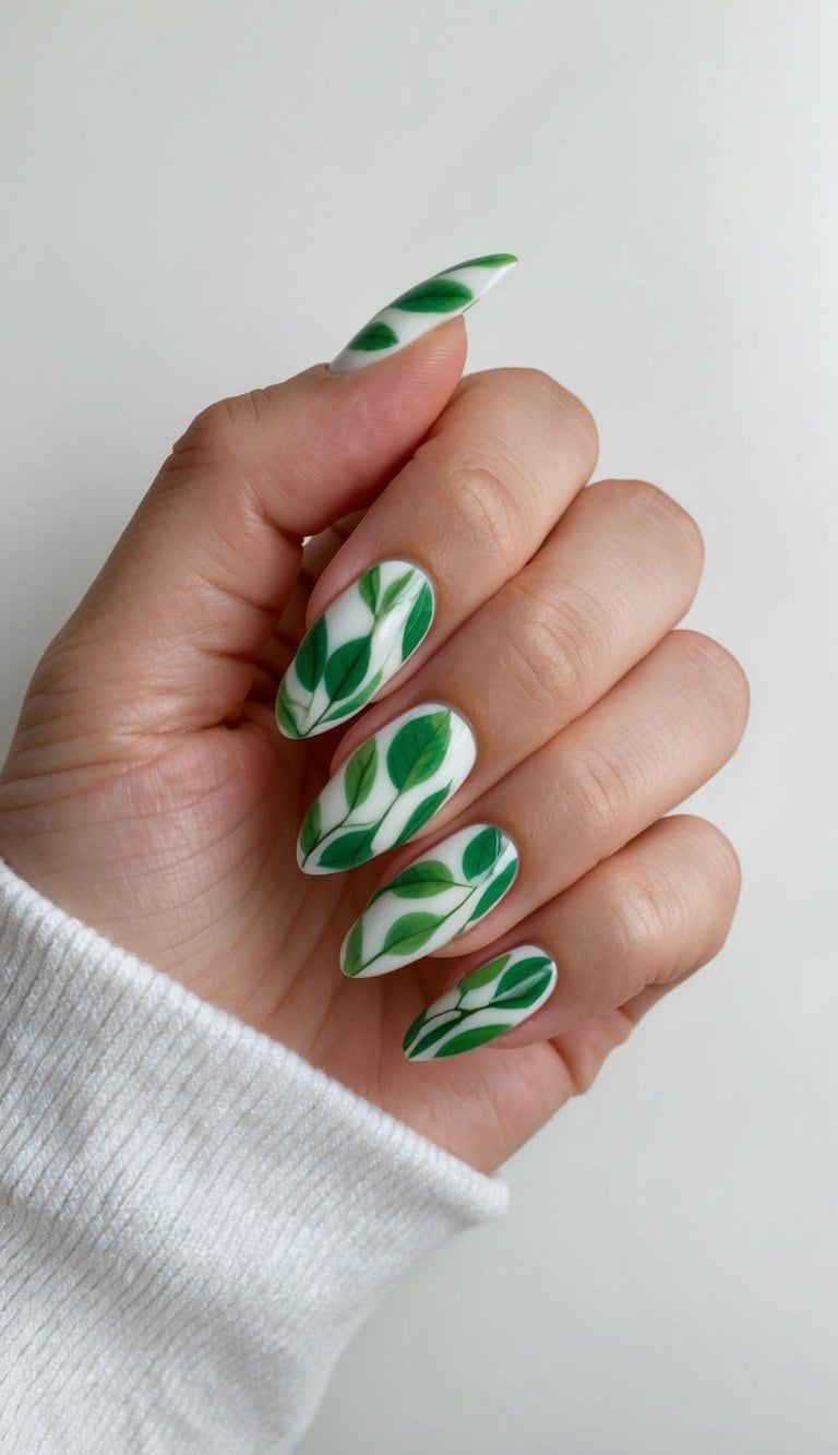 Fresh green almond nails with leafy patterns