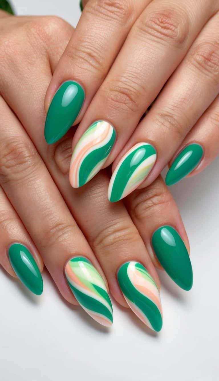 A close-up of green almond-shaped nails with apple sherbet swirl designs