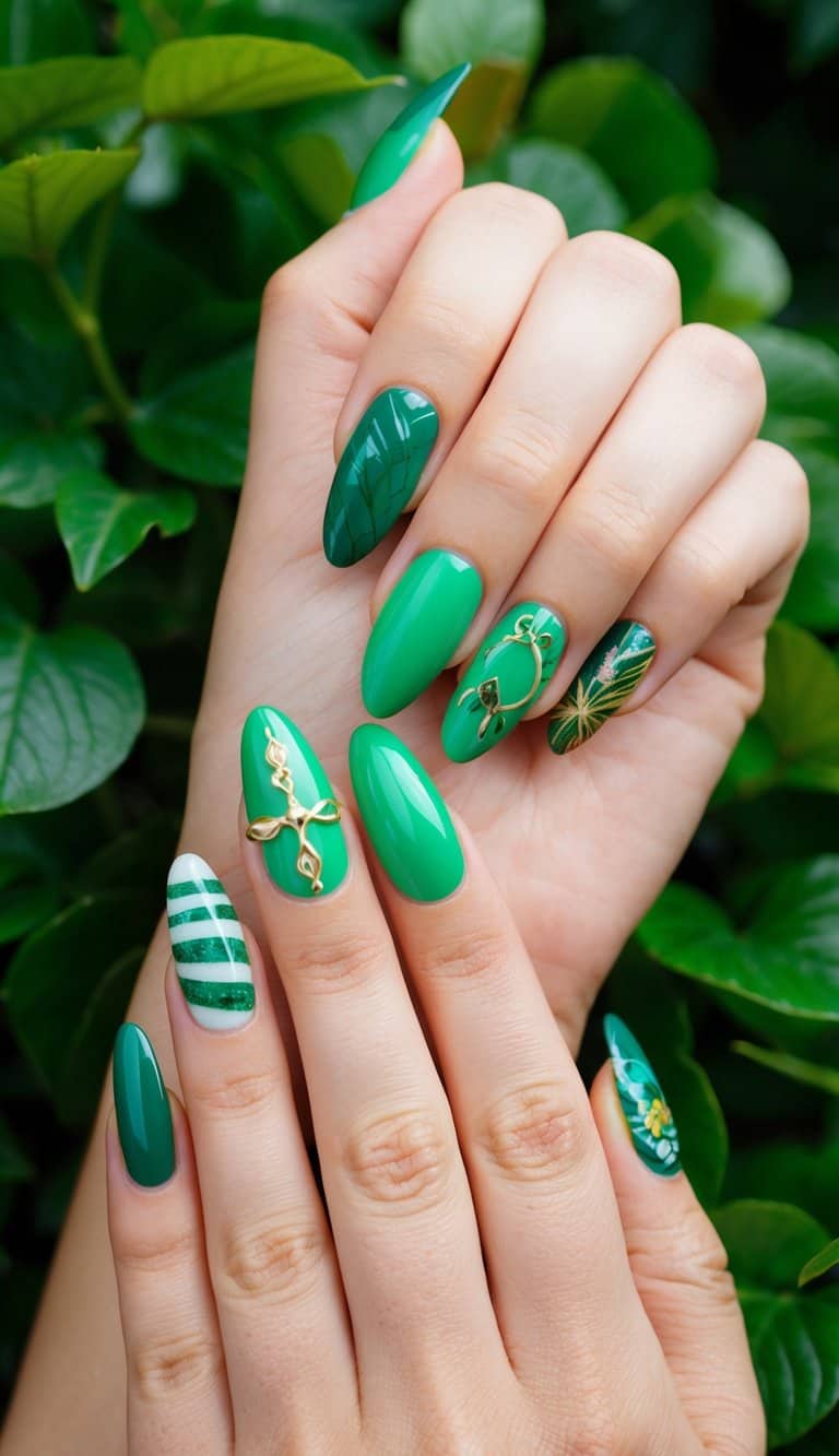 Vibrant green almond-shaped nails adorned with various trendy designs on a verdant background