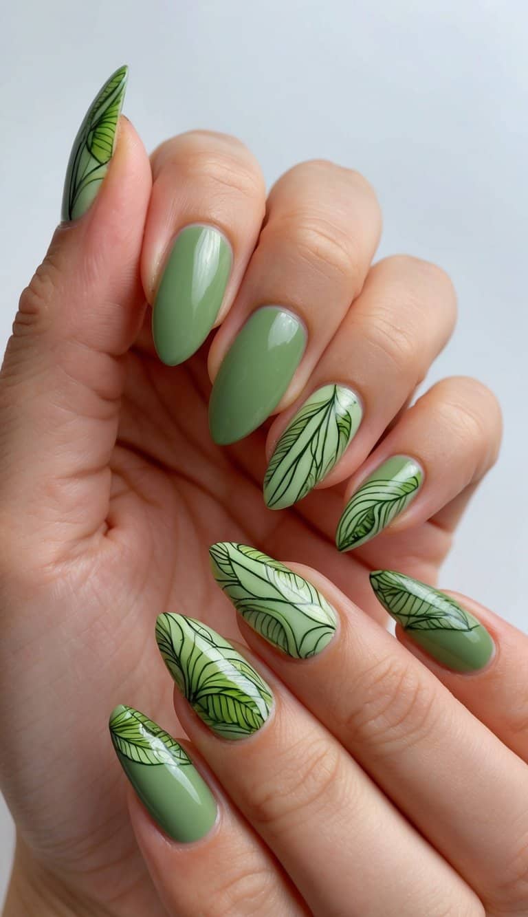 A close-up of green almond nails with intricate matcha tea essence designs