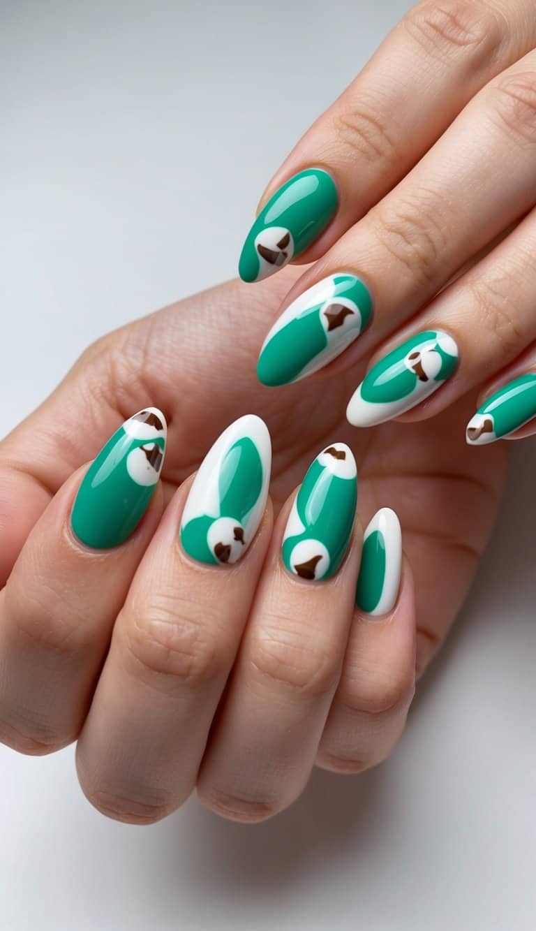 A close-up of green almond-shaped nails with mint chocolate chip designs