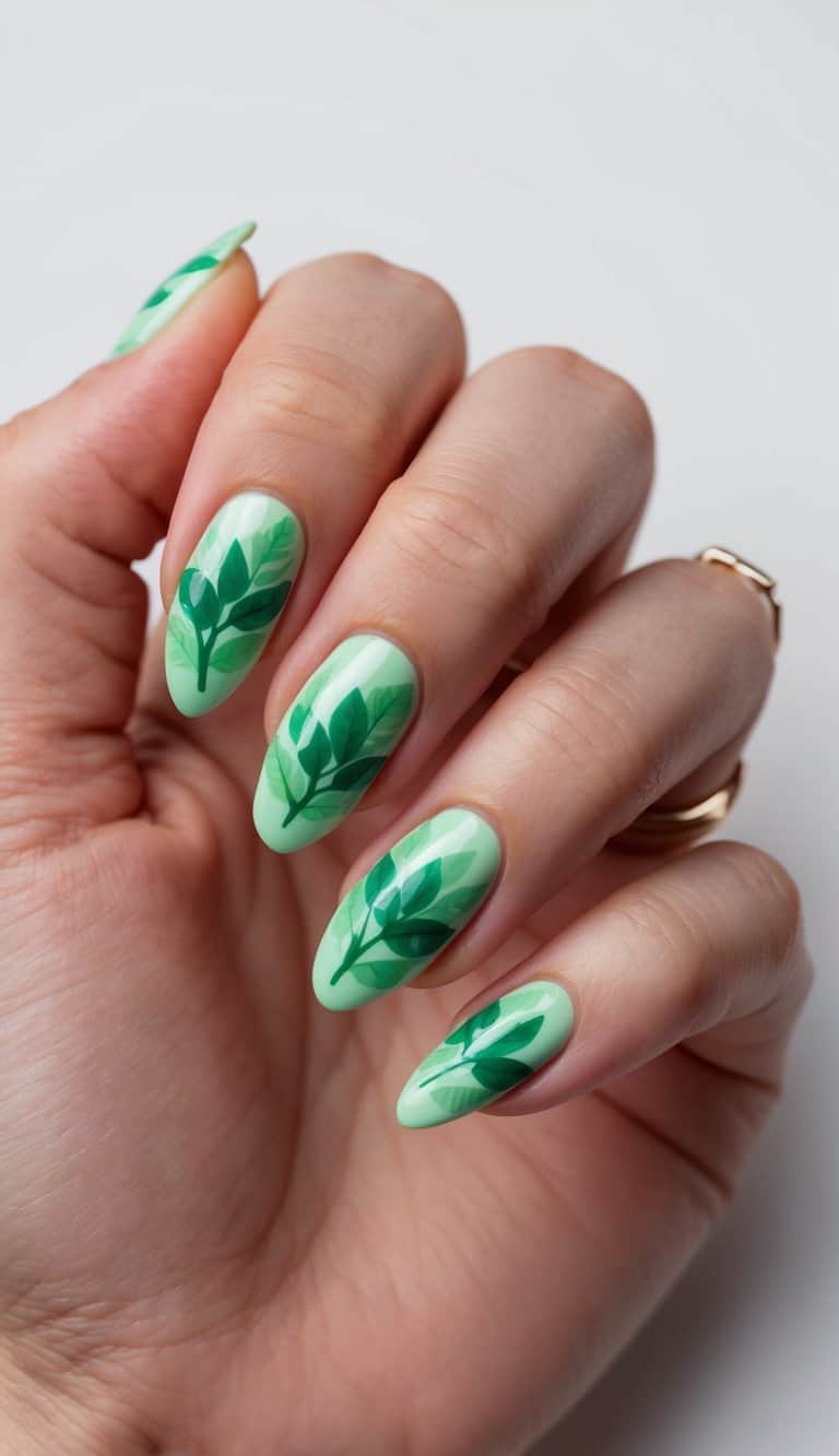 A close-up of green almond-shaped nails adorned with mint leaf designs
