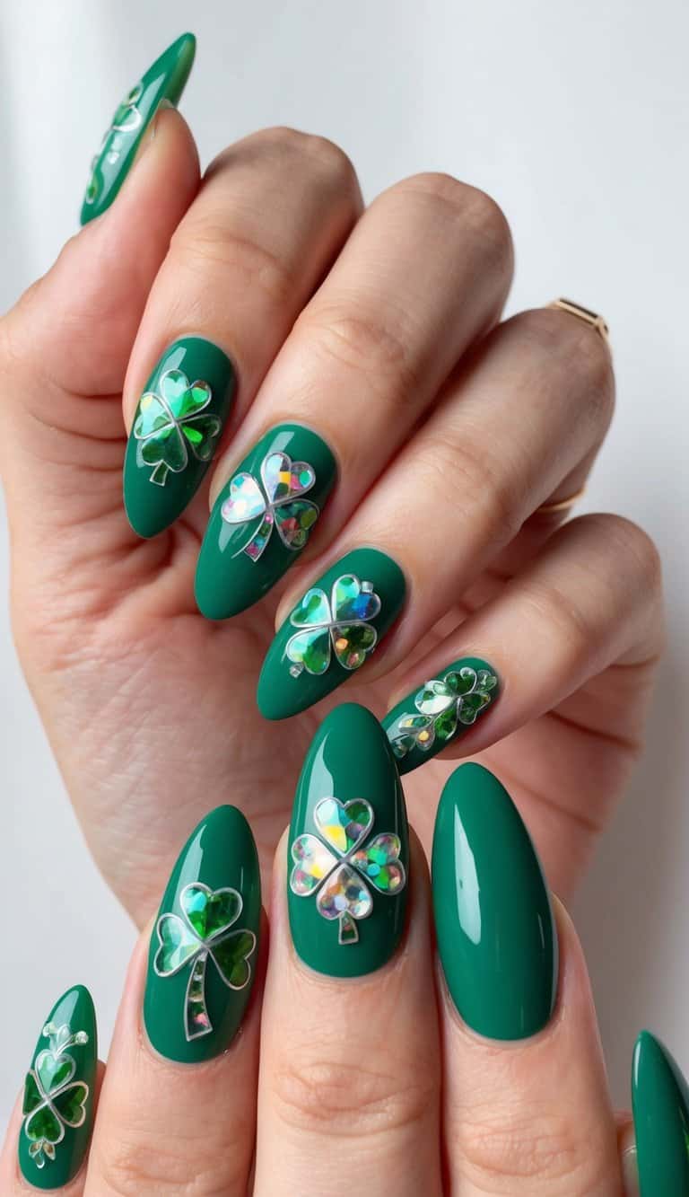 A close-up view of green almond-shaped nails adorned with various mosaic clover designs