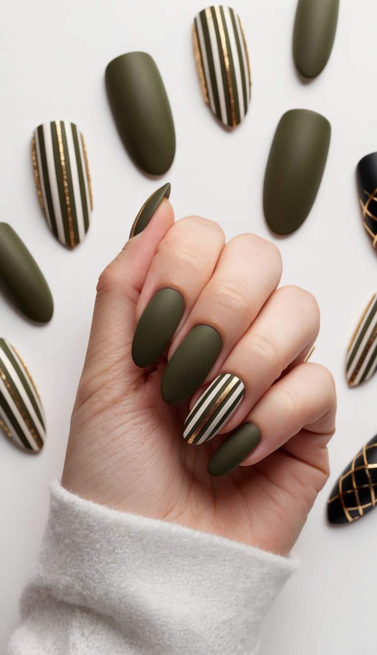 A matte olive green nail with elegant gold stripes, surrounded by various nail art designs in the same color scheme