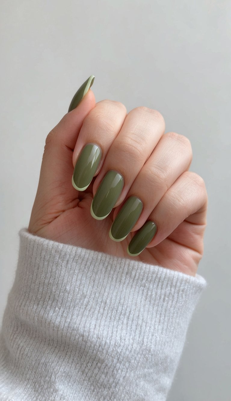 A close-up of olive green French tip nails on a clean, neutral background