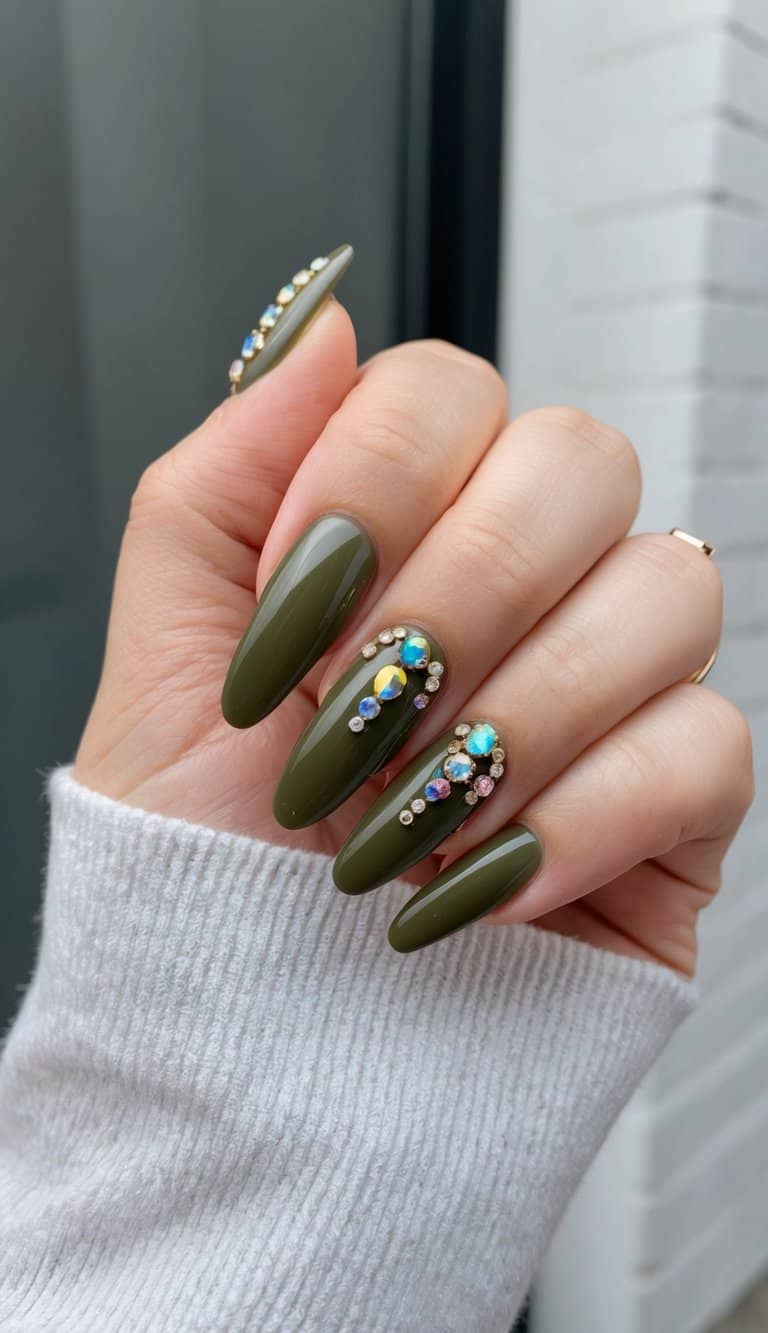 A close-up of glossy olive green nails adorned with shimmering rhinestones, set against a chic background