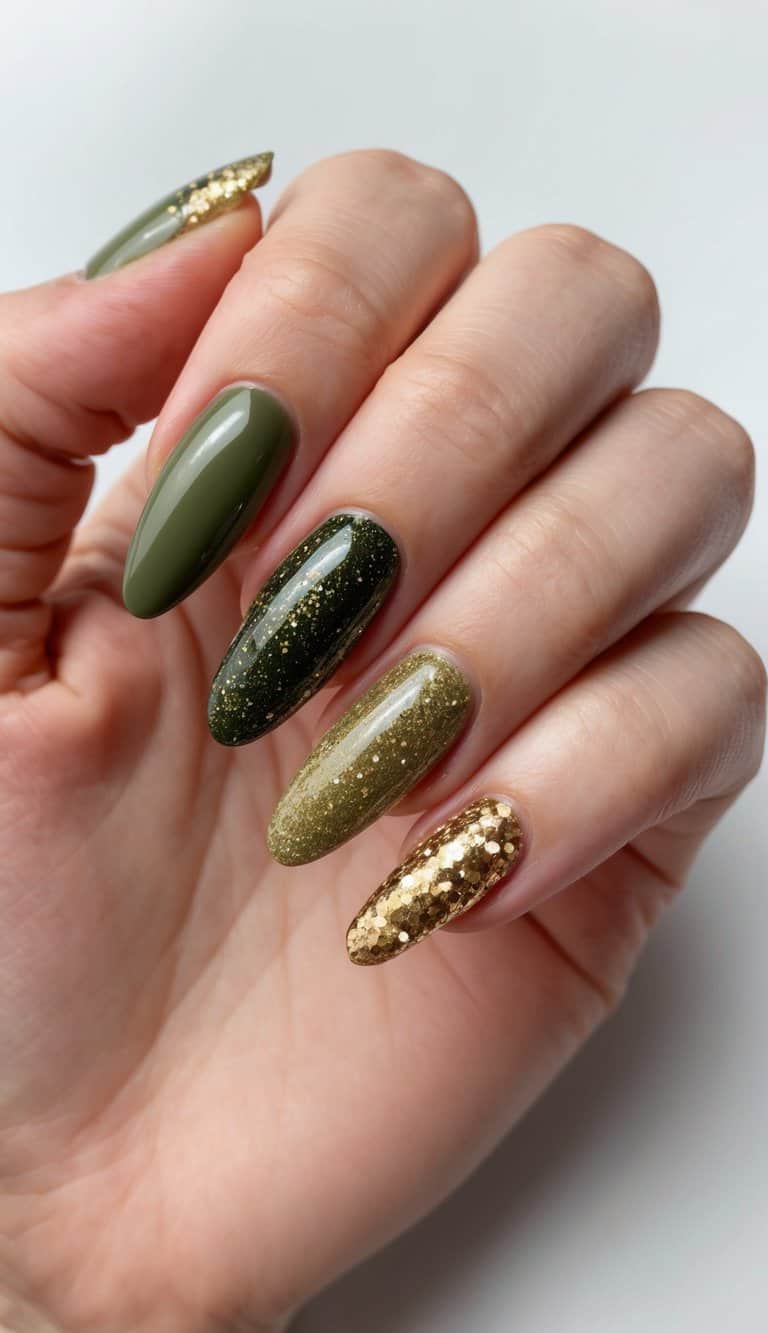 A close-up of olive and gold glitter ombre nails, featuring various chic olive green nail art designs