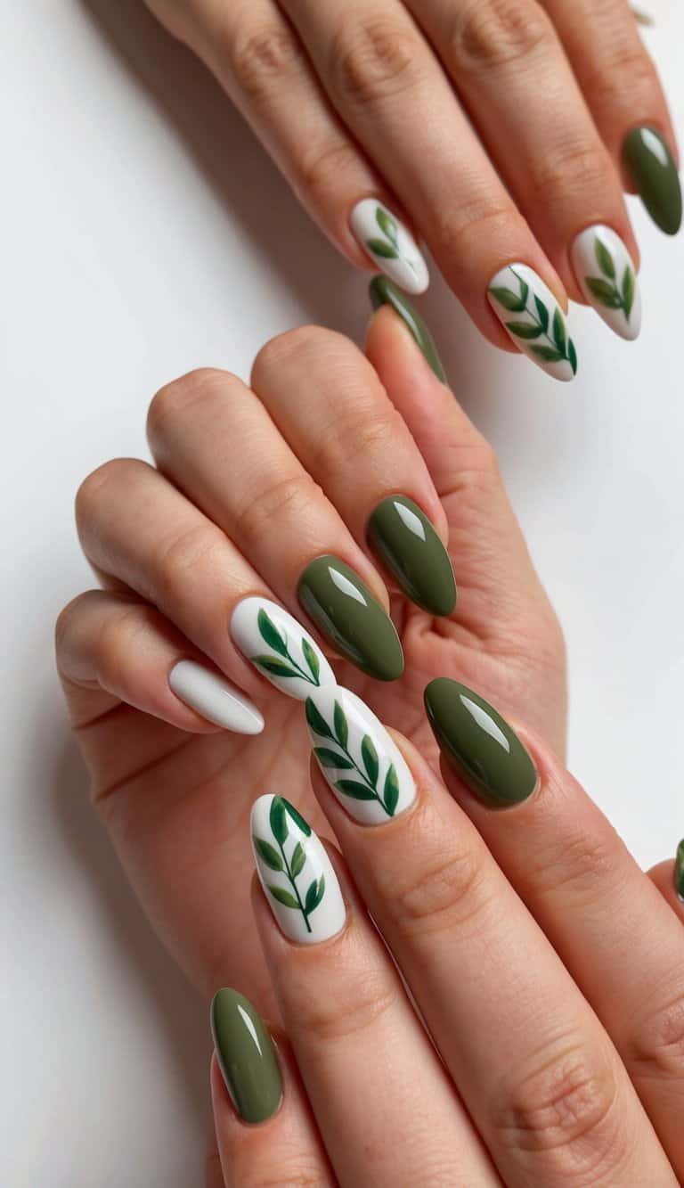 A close-up of olive green leaf accents on various nail art designs