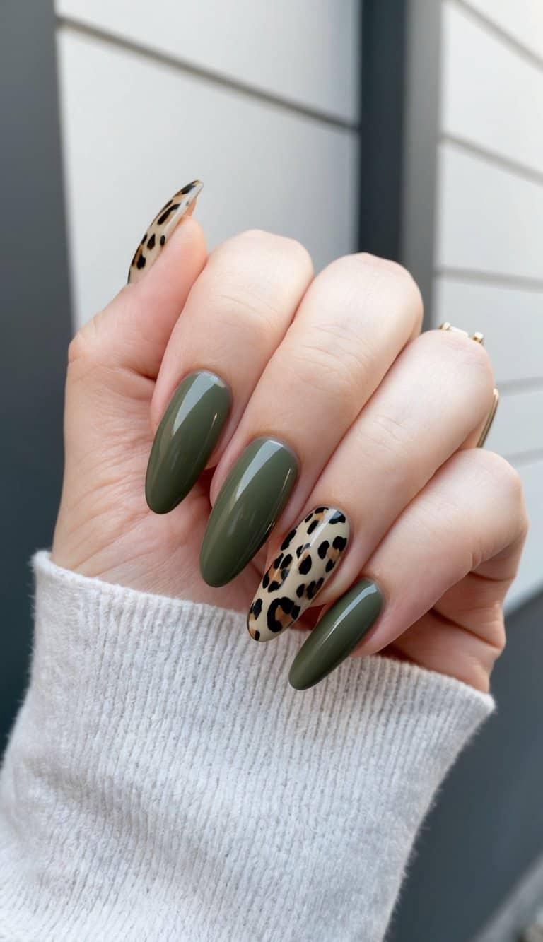 A close-up of olive green nails with leopard print designs, set against a chic background