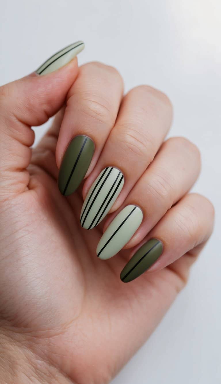 A close-up of olive and black geometric lines on nails
