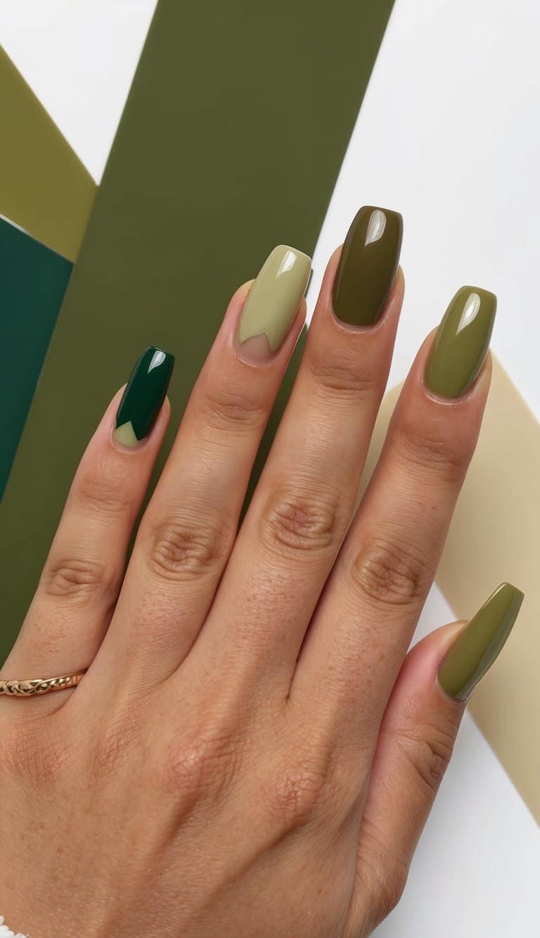 A close-up of olive green nails with a fading cuticle, surrounded by various nail art designs in the same color palette