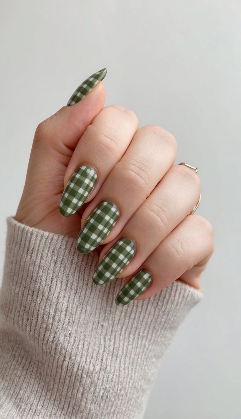 A close-up of olive green plaid patterned nails on a clean, neutral background