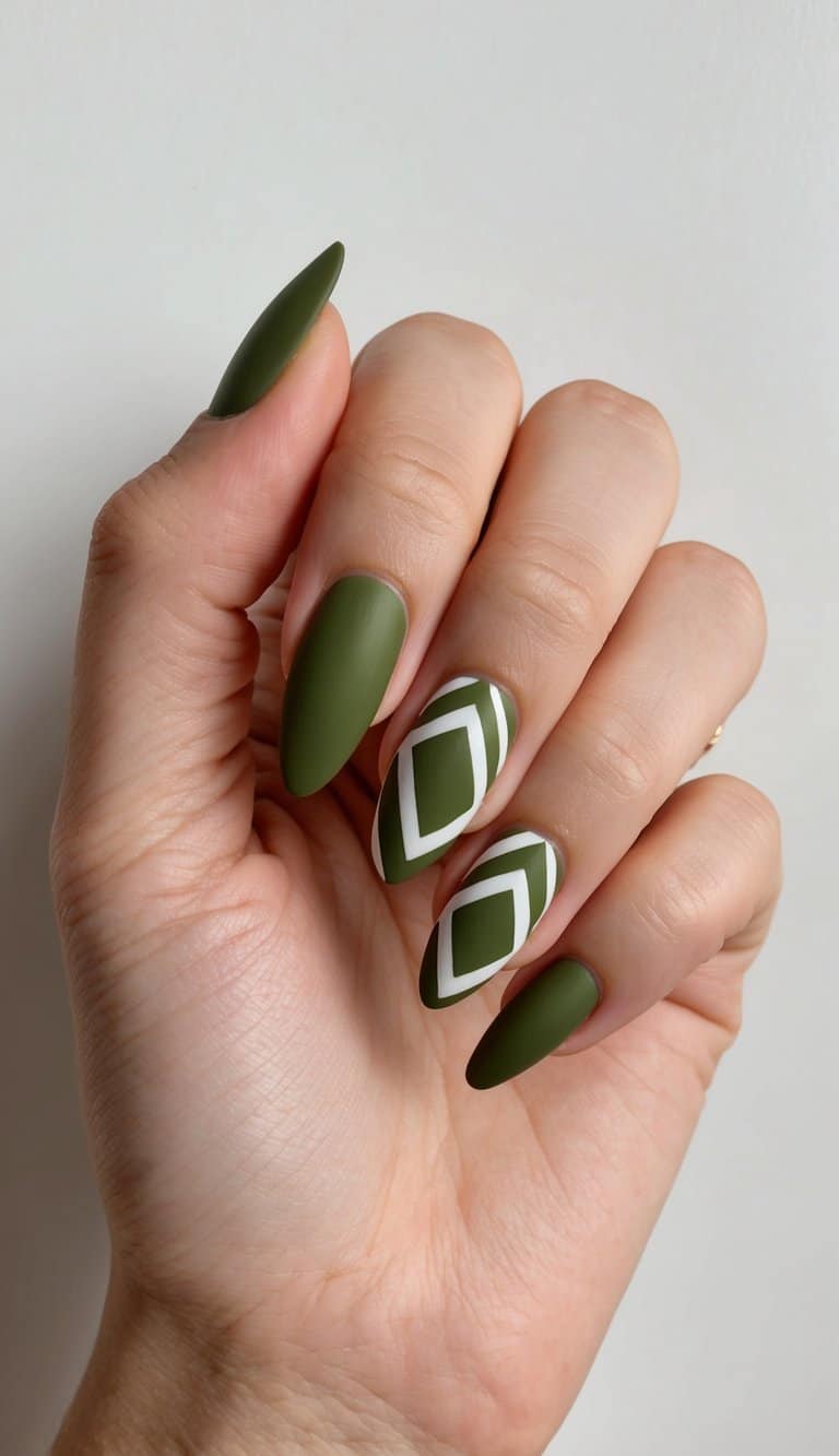 A close-up of olive green geometric nail art on a matte background