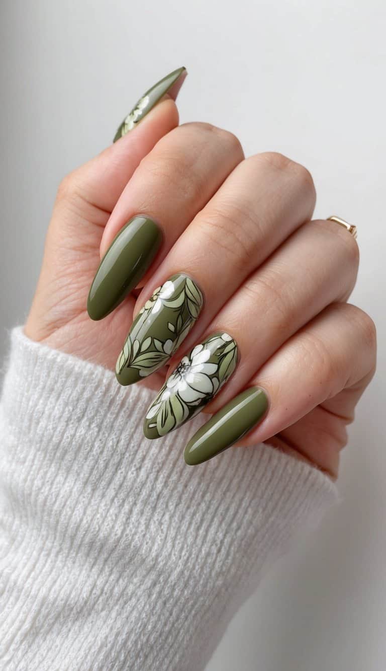 A close-up of olive green nails with intricate floral designs