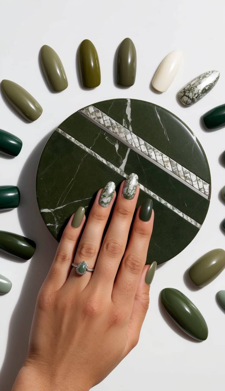 A close-up of an olive marble with silver inlays surrounded by various shades of olive green nail polish samples