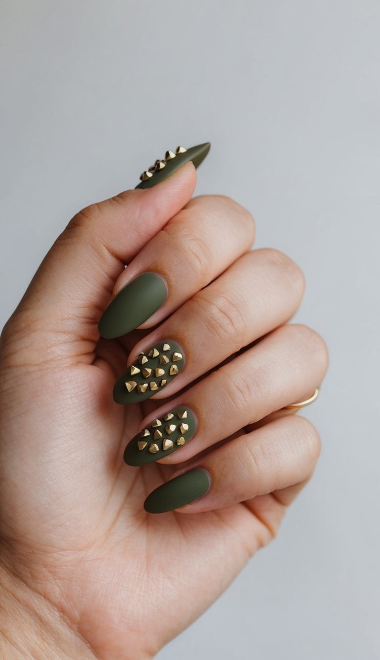 A close-up of olive green studded nail art on a matte background