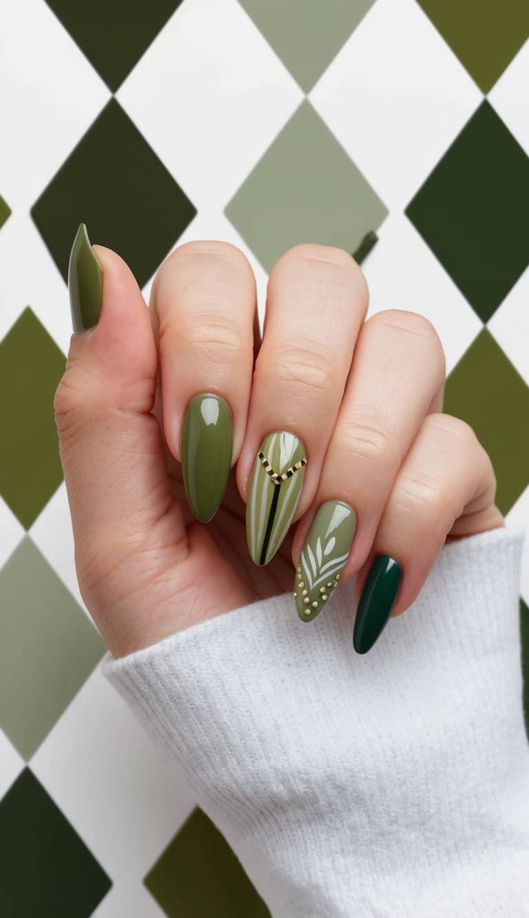A close-up view of various olive green nail art designs on a contemporary argyle background