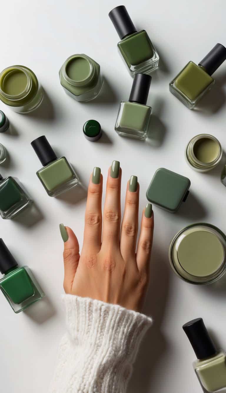 A table covered in various shades of olive green nail polish bottles and art supplies