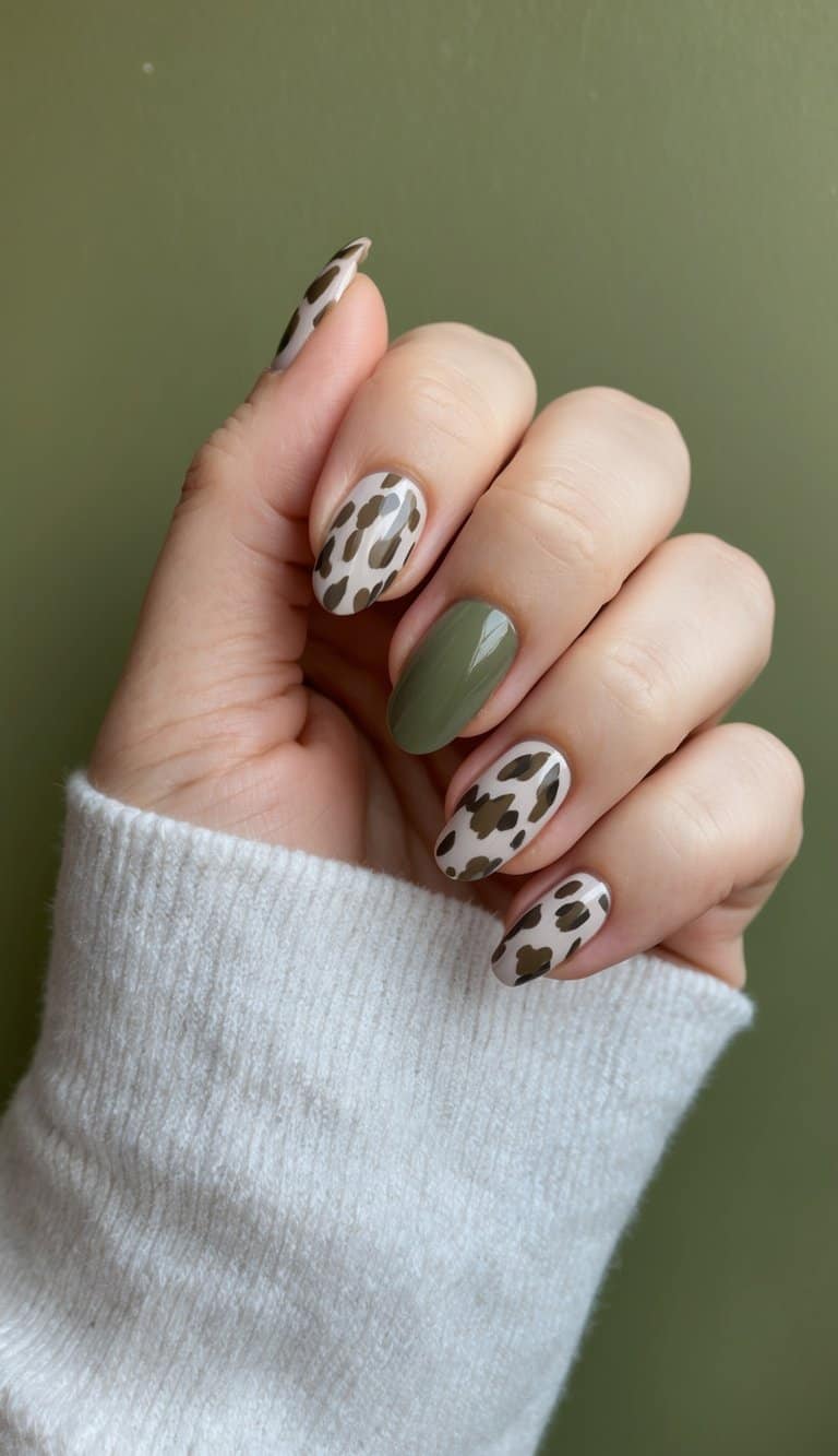 A close-up of olive and taupe animal print nail designs on a chic olive green background