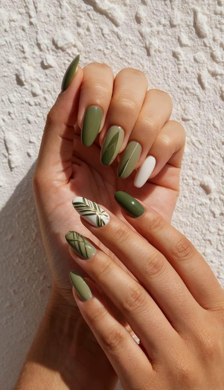 A close-up of various olive green nail art designs on a textured background