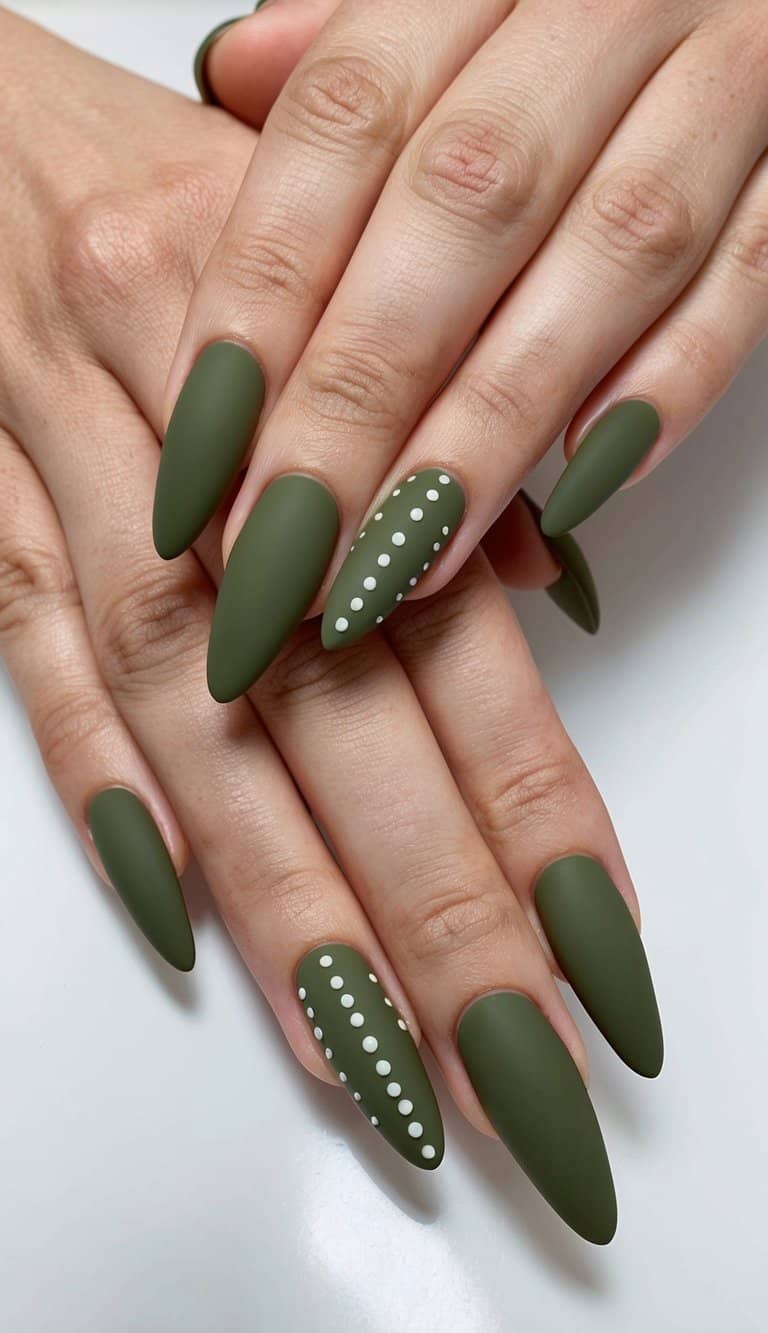 An elegant olive green nail art design with delicate white dots