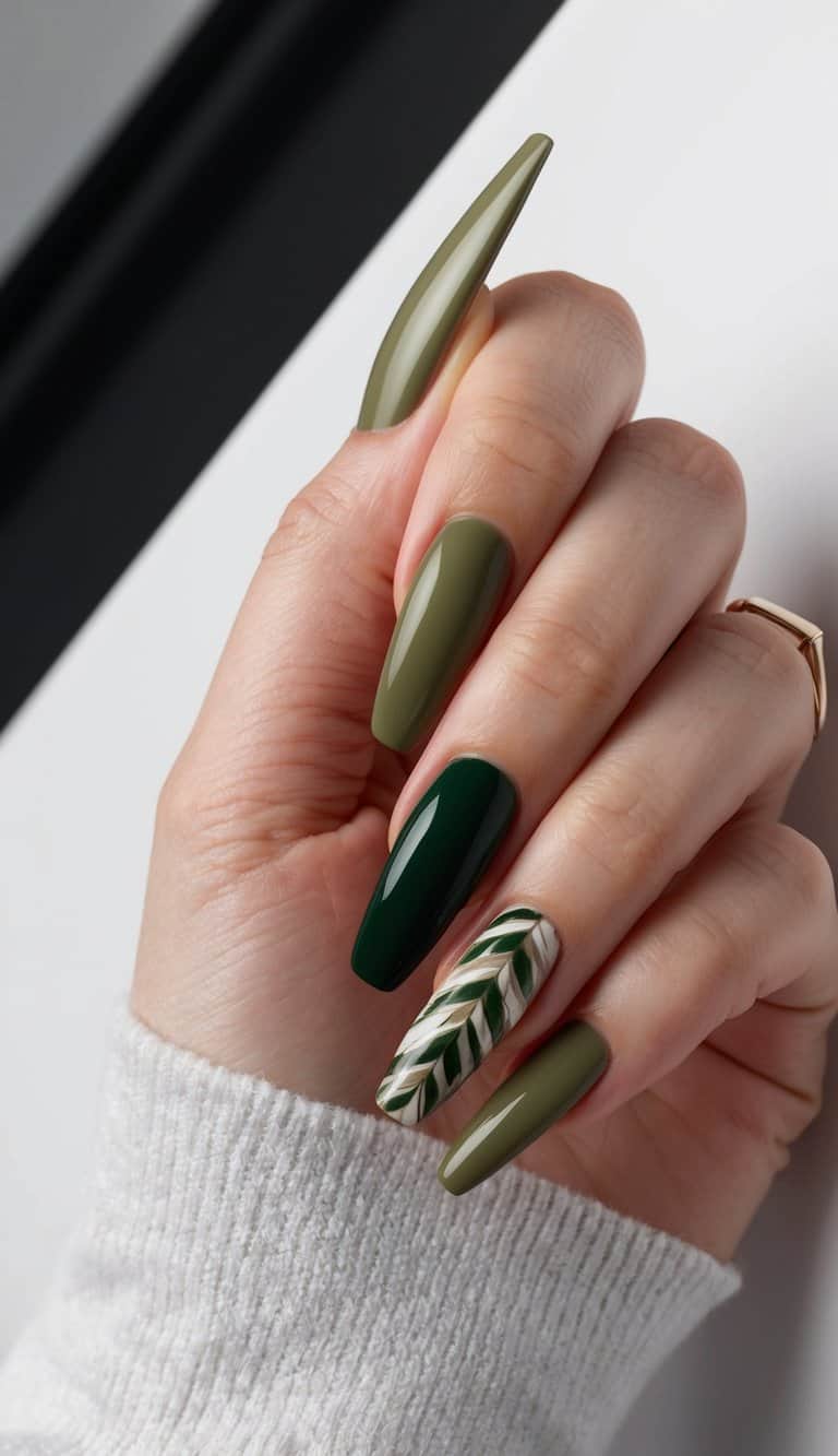 A collection of 50 sophisticated olive green nail art designs displayed on a sleek, modern backdrop
