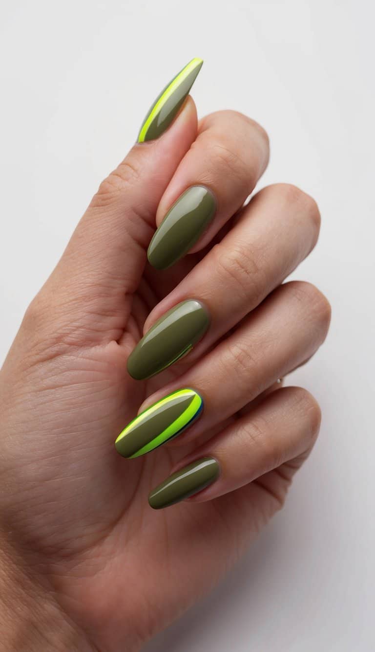 A close-up of olive green nails with vibrant neon accents, arranged in a chic and stylish nail art display