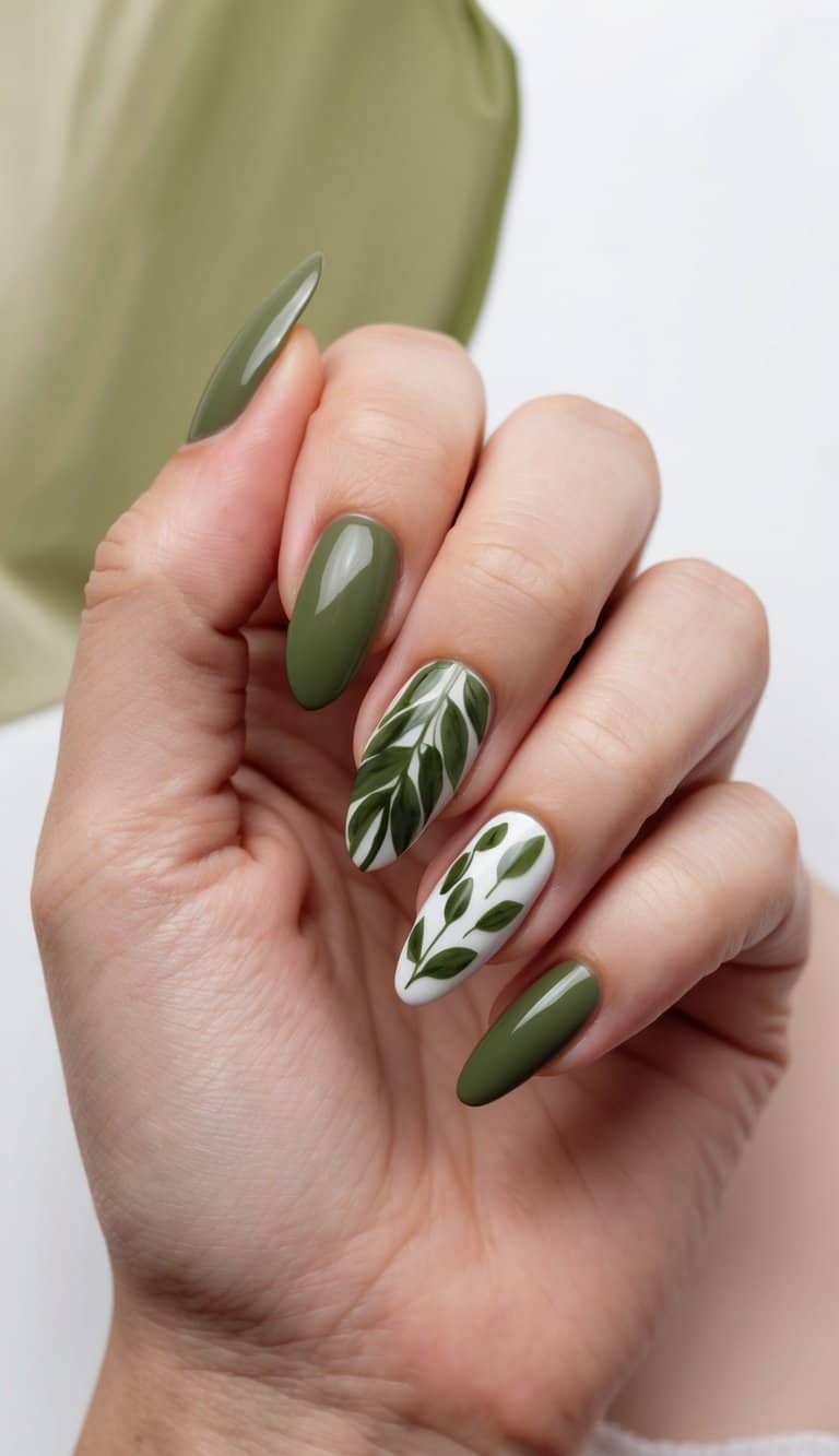 A close-up of olive green nail art designs on a blush watercolor background