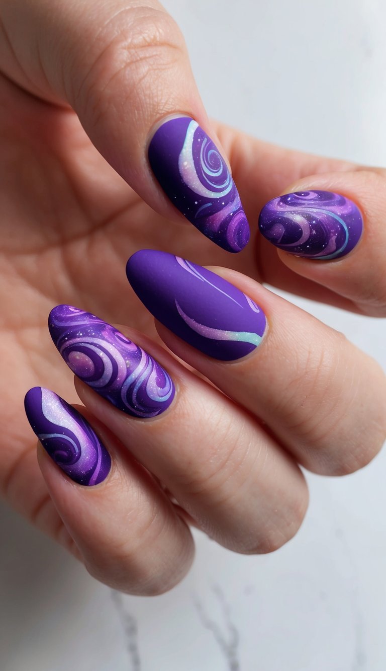Close-up of a hand featuring a matte purple nail art idea with almond-shaped nails, deep violet polish, swirling galaxy patterns, soft shimmer specks, and smooth lavender accents.