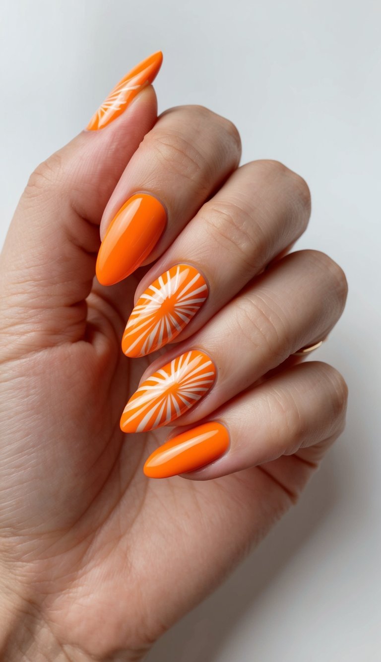 A hand with long almond-shaped nails featuring an orange almond nail art idea with vivid orange polish and white radiating line art forming a burst pattern
