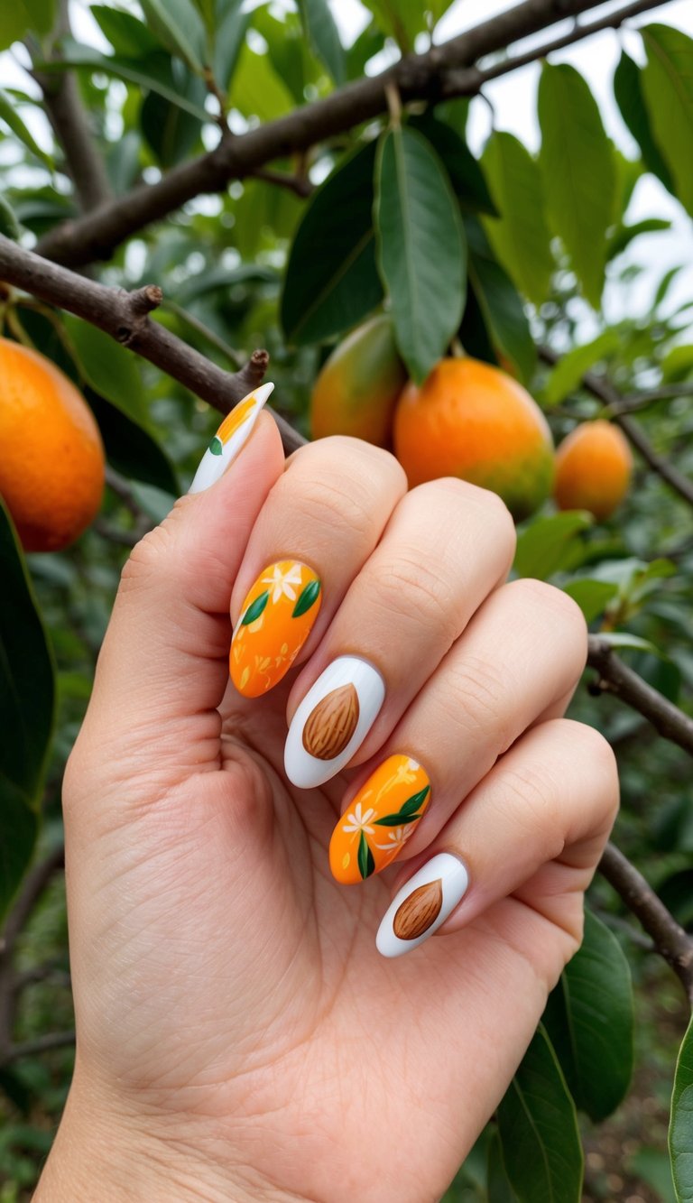 Hand raised beside orange tree foliage and fruit, highlighting an orange almond nail art idea with bright orange nails, painted flowers, green leaves, and detailed almond designs on accent nail