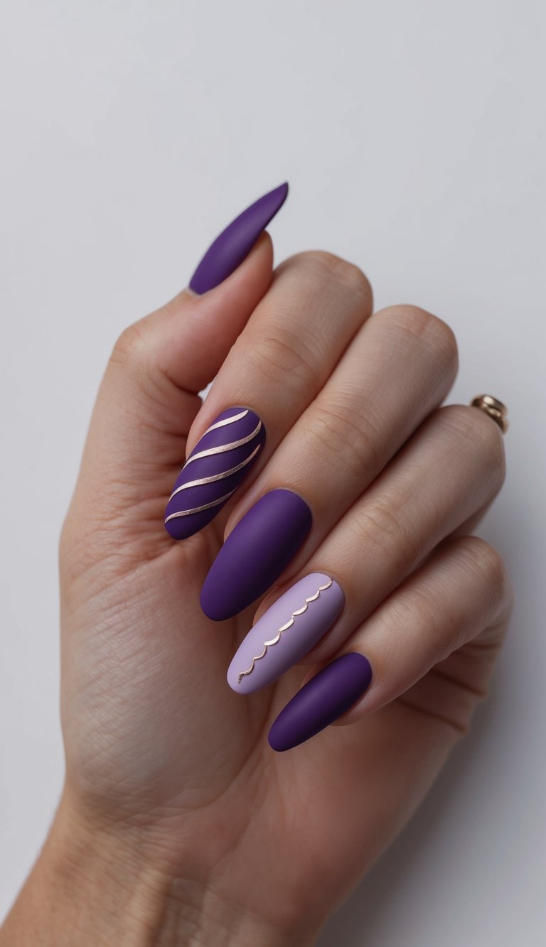 Close-up of a hand displaying a matte purple nail art idea with matte violet nails, a lilac accent nail, and refined gold linework in curved and striped patterns