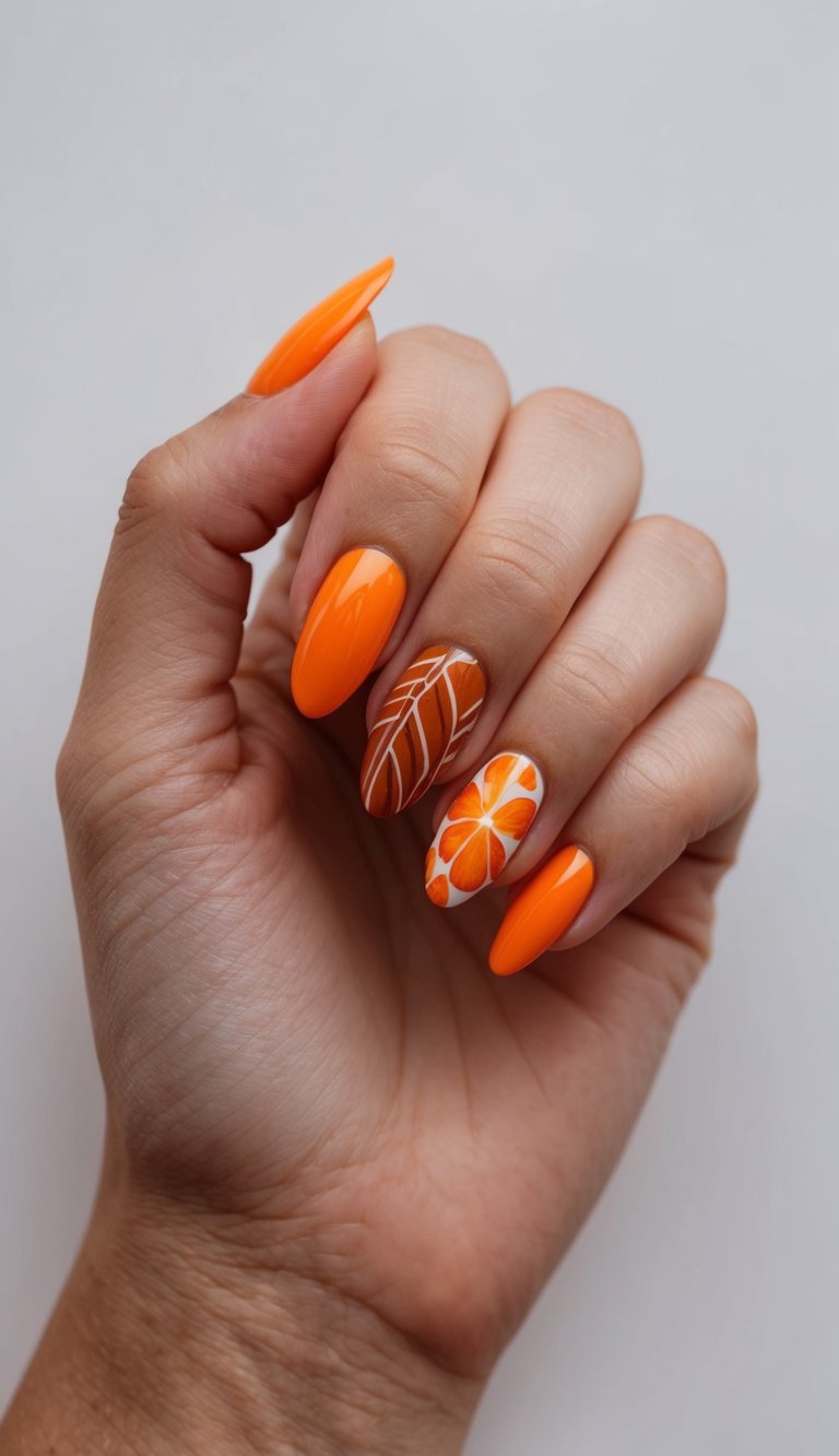 Hand slightly curled against a neutral background, featuring an orange almond nail art idea with bright orange glossy nails, one nail with leaf vein detailing, and one with a citrus slice design