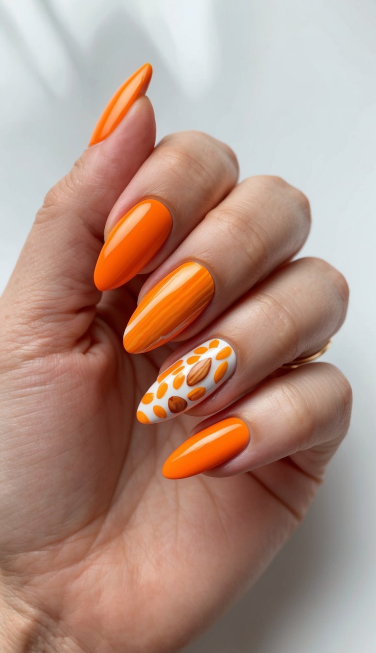 Close-up of fingers displaying an orange almond nail art idea with bright orange almond nails, including a striped nail and a white accent nail with small almond motifs