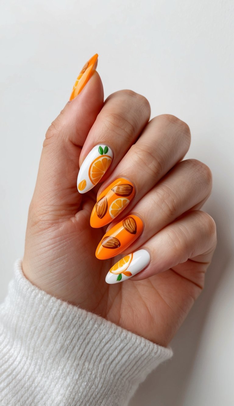 Hand angled inward showing an orange almond nail art idea with orange nails and white accent nails featuring citrus fruit slices and almond illustrations