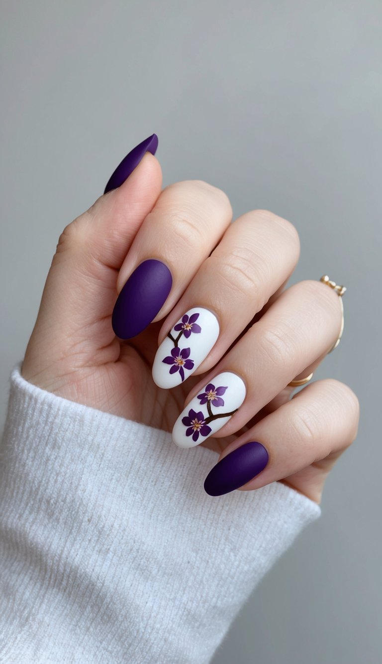 Close-up of a hand displaying a matte purple nail art idea with matte purple nails and white nails painted with small purple flowers and fine branch details