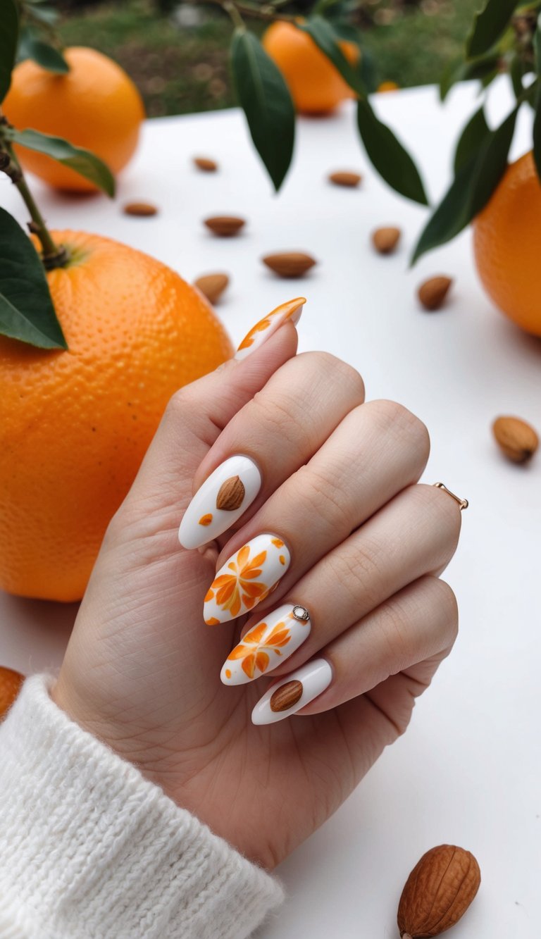 Hand positioned above a white surface with oranges and almonds scattered around, displaying an orange almond nail art idea with citrus slice patterns and almond accents on white nails