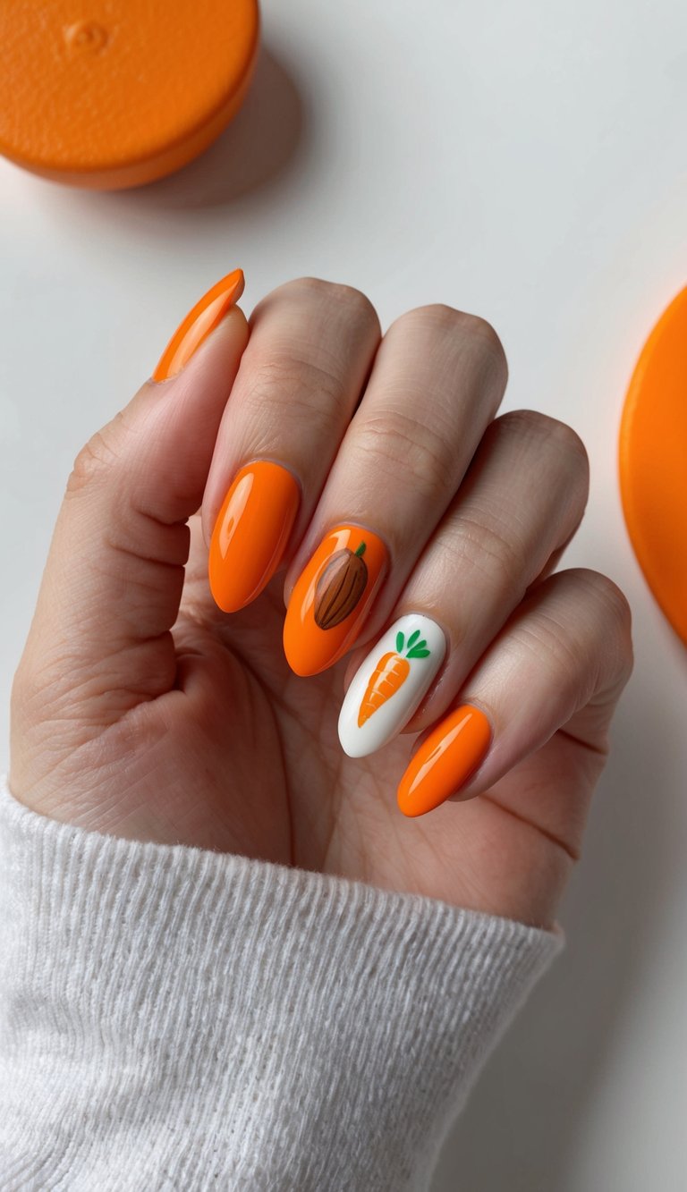 Close-up of fingers displaying an orange almond nail art idea with vibrant orange almond nails, including a white nail with a carrot drawing and an orange nail with an almond design