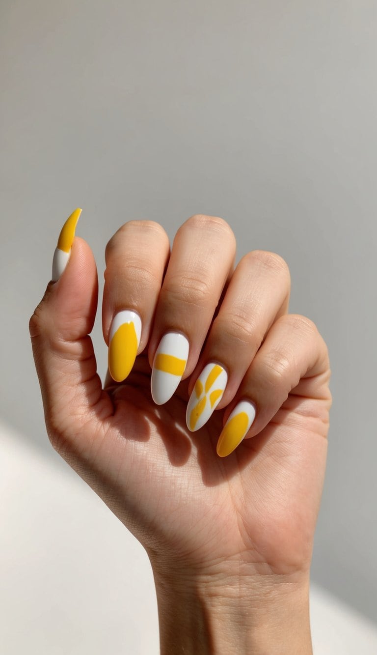 A close-up of yellow and white nail art on a clean, neutral background