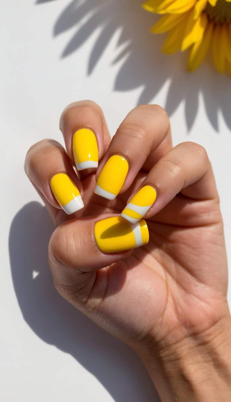 A bright yellow and white nail art design on a sunny background