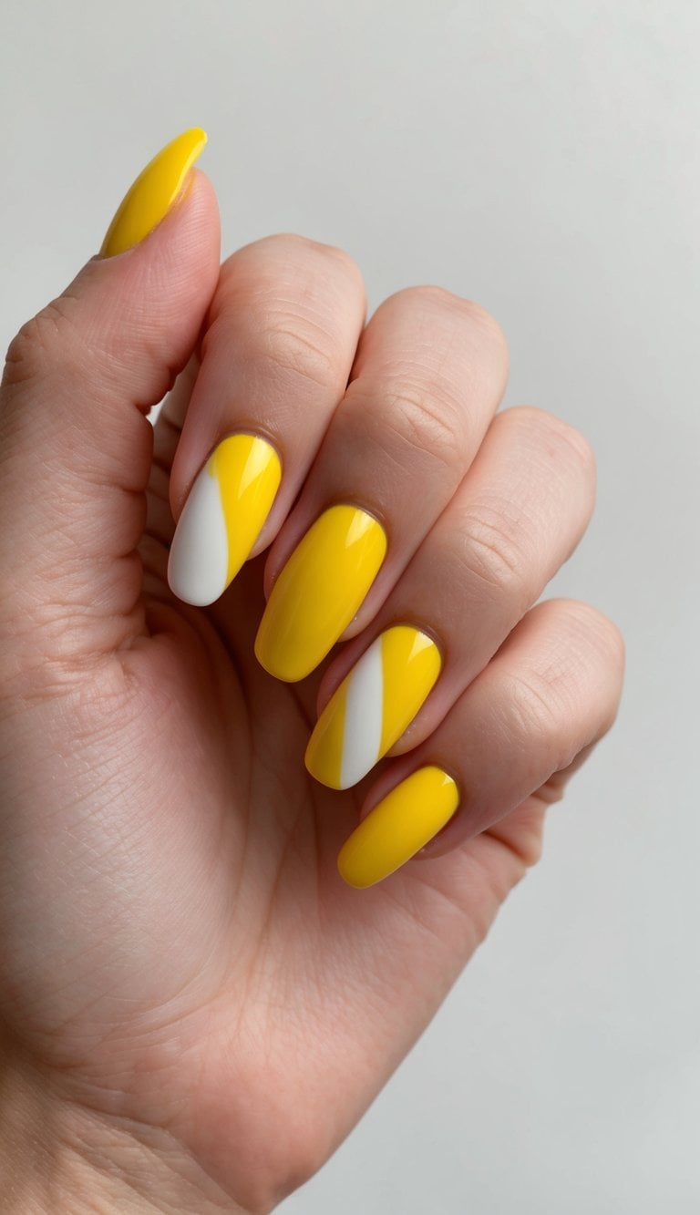A bright daffodil yellow and crisp white nail art design on a clean, minimalist background