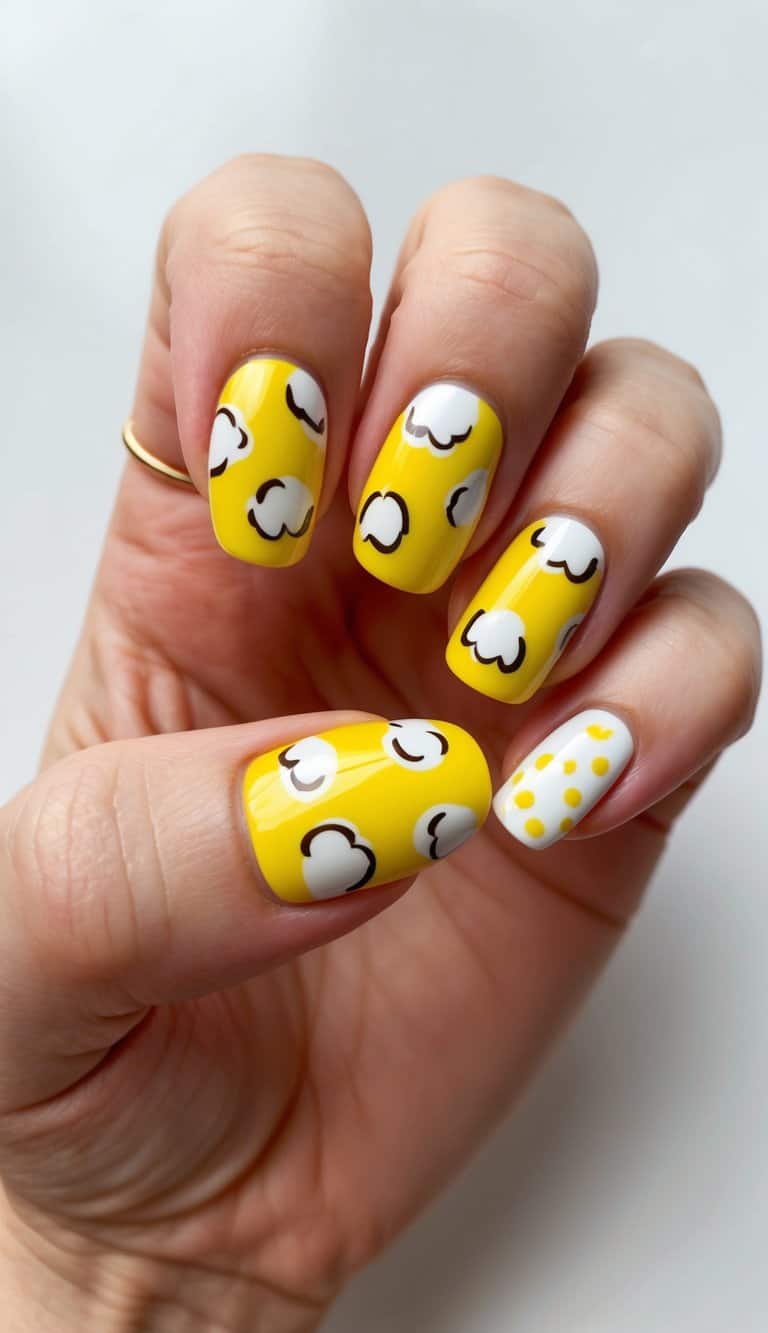 A bright yellow and white nail art design featuring cream puffs and playful patterns
