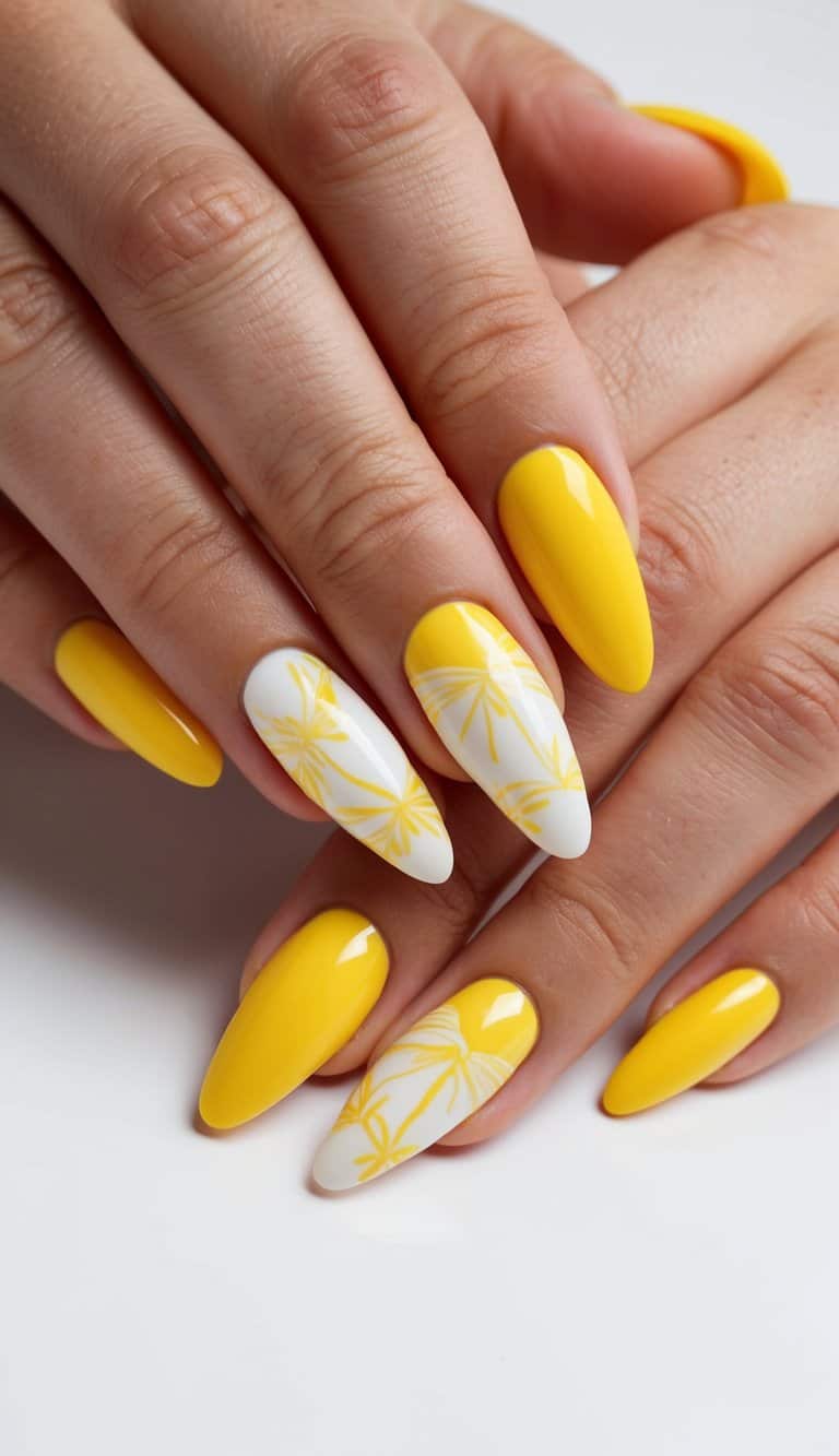 A sunny yellow and white nail art design with delicate chiffon patterns on a clean, well-manicured surface