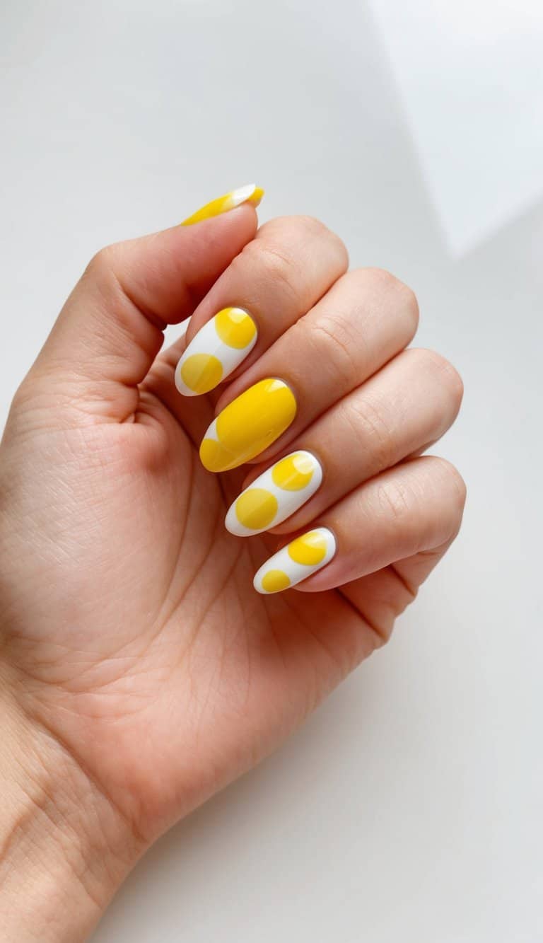 A bright and cheerful nail art design featuring yellow and white citrine circles on a clean, manicured surface