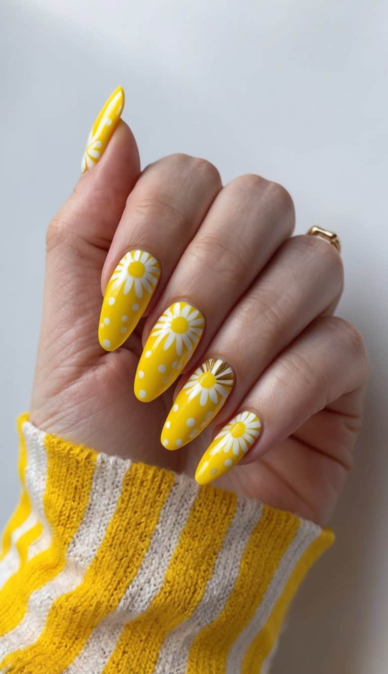 A bright yellow and white daisy chain nail art design with a dazzling and cheerful pattern