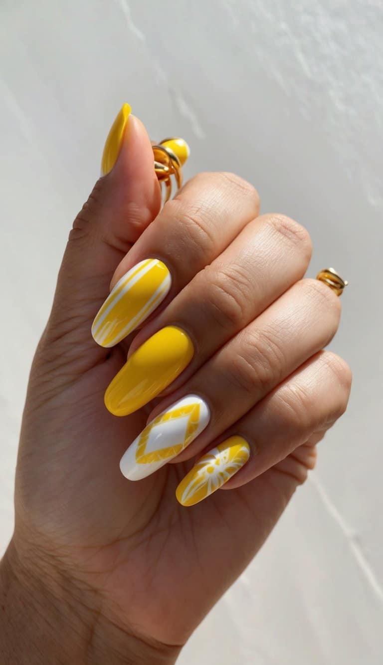 Sunlight streaming onto a collection of yellow and white nail art designs