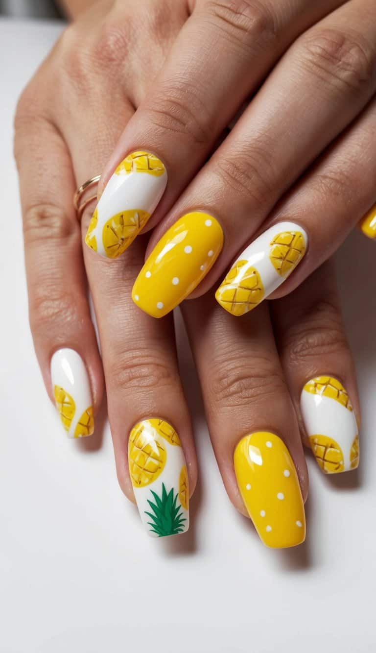 A pineapple punch themed nail art design with cheerful yellow and white colors