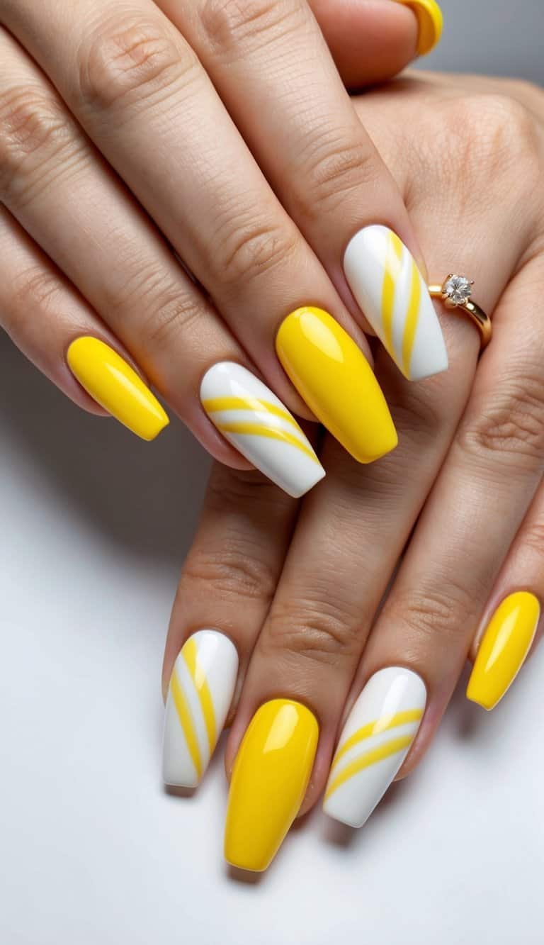 A sunny yellow and white nail art design with ivory icing accents