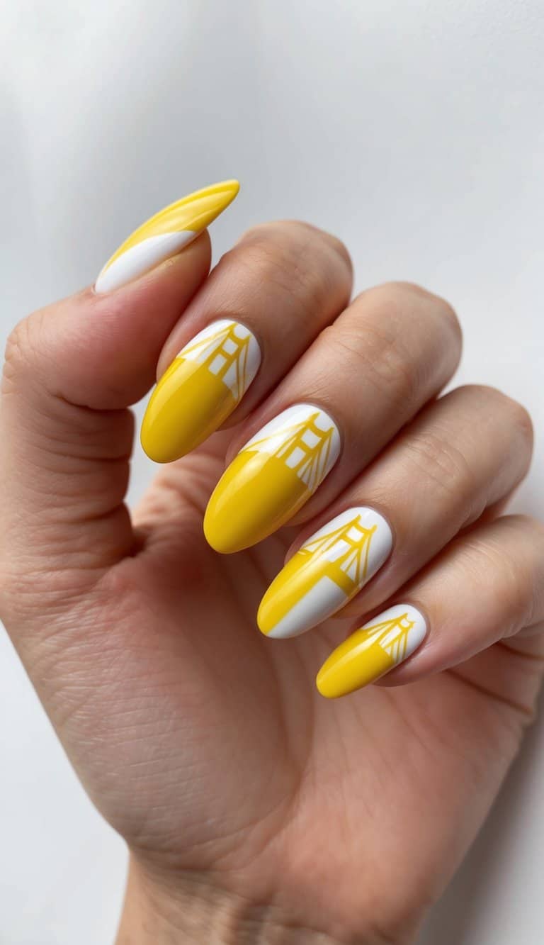 A sunny yellow and crisp white nail art design, inspired by the Golden Gate Bridge, with a glamorous and cheerful vibe