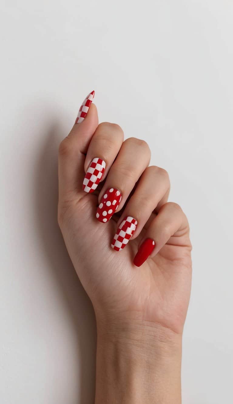 A checkerboard pattern of alternating red and white nail art designs arranged in a festive and chic display